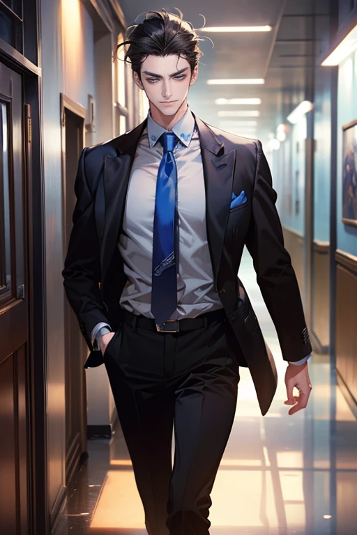 (tmasterpiece, high resolution, ultra - detailed:1.0), (1 man, mature male, masculine face), Perfect male body, tall and strong, Adult male, Delicate eyes and delicate face, Extremely detailed CG, Unity 8k wallpaper, Complicated details, Detailed face, (gray black hair, messy hair, blue eyes, serious faces, white shirts,Bad students), (frown,evil smile:1.3), stad in school corridor, street style, color difference, Depth of field, dramatic shadow, Ray tracing, Best quality, Cinematic lighting, offcial art,Portrait