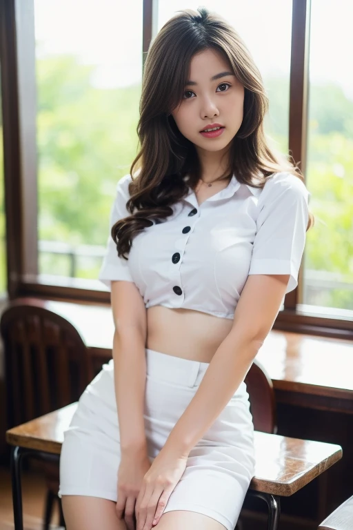 Close up,1 girl{{A beautiful woman wearing a white short-sleeved shirt and a short black A-line skirt}} , striking a sexy pose.  with several lecture tables set up behind it  There is a sliding glass window.  There was evening light streaming into the room.