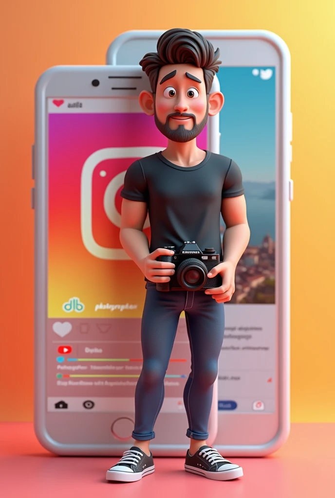 Create a 3D illustration of a white male character with a beard ,excited man standing with camera in hands casually next to a social media logo "instagramart". The character must wear a black t-shirt, shorth hair , skin fair , slightly slanted eyes, he has a thin body and is smiling , and holding a camera. The background of the image is a social media profile page with the username "db photographer" and a matching profile photo.