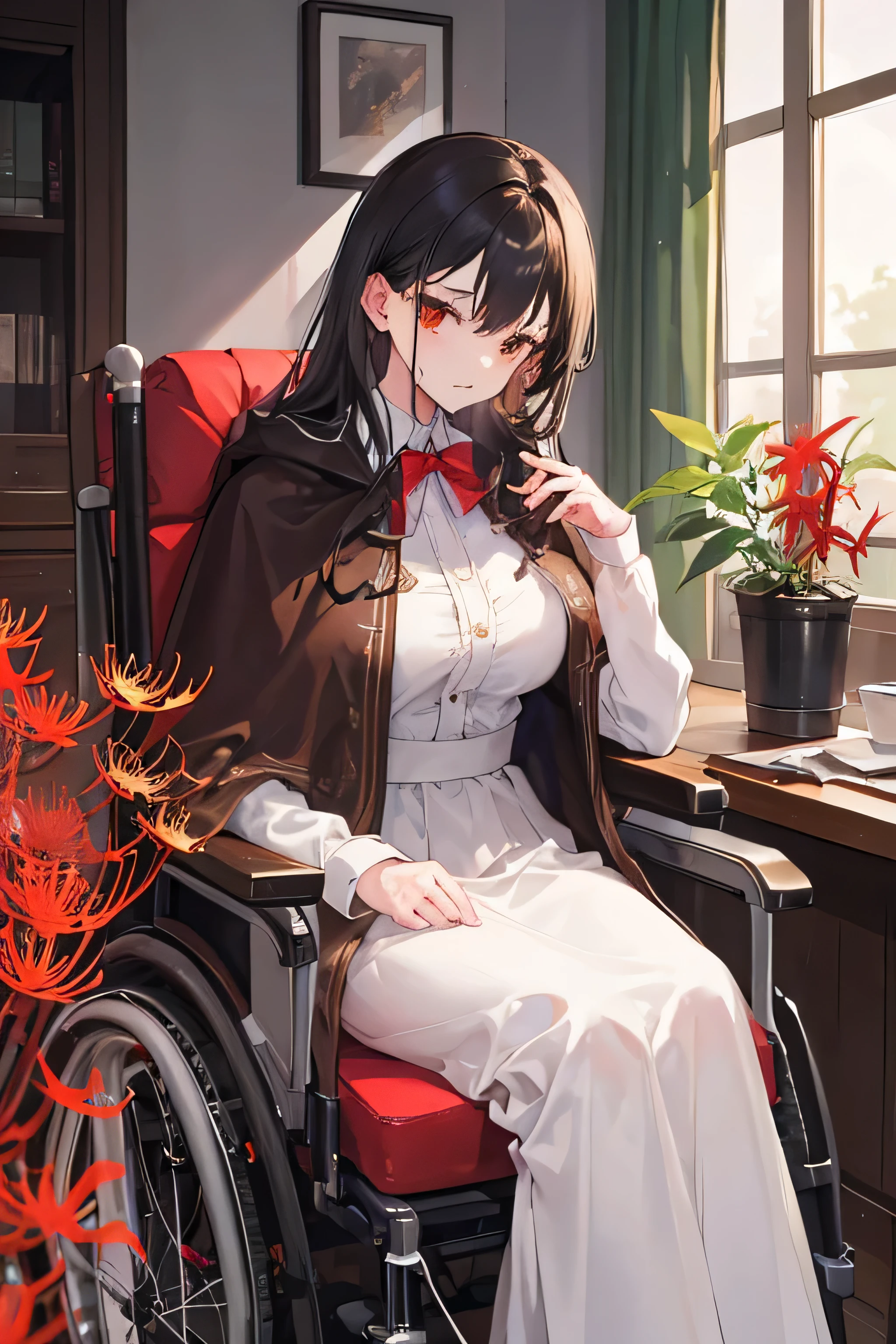 ((best quality)), ((Masterpiece)), (details), 1 girl, white long sleeve clothing, Has a brown cloak., brown long skirt, sitting in a wheelchair, Provide a warm and friendly atmosphere., madame, There is a red spider lily flower in his left breast pocket.