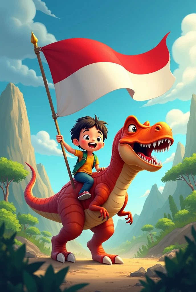 cartoon riding a dinosaur holding the Indonesian flag
