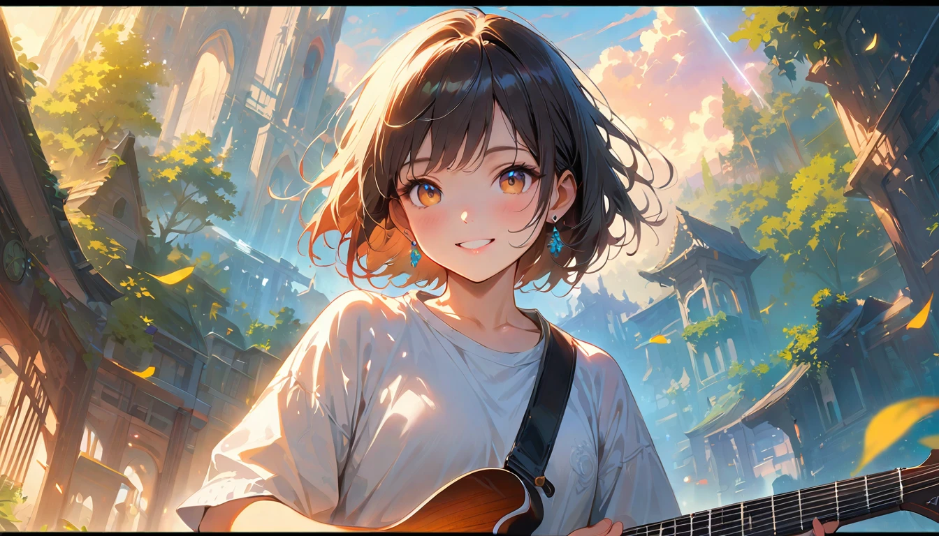 (Highest quality,4K,8k,High resolution,masterpiece:1.2),Very detailed,Realistic,Transparent guitar sculpture,sunset,Sunlight reflecting off a guitar,Body Details,Delicate strings,Vibrant color palette,Sculpting Tools,Hourglass Shape,Sound hole,Elegant Curves,Polished surface,Delicate carving,Light and shadow effects,Subtle reflection,Sparkling Surface,1 cowboy girl,8 year old child、Harmony between nature and art,Perfect craftsmanship,Transcendental beauty,Awe-inspiring works of art、Outdoor、short hair、Earrings、White shirt、Great smile、Village surrounded by forest、The angle of view is upwards