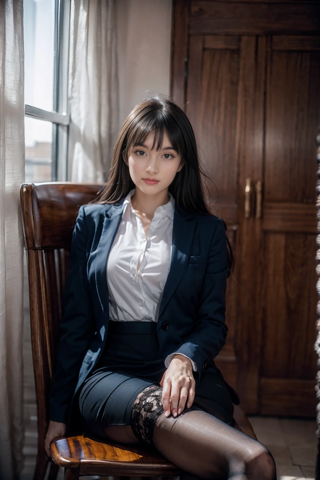 (Elite secretary of the upper class in light underwear), Sitting in a chair and working in the office、 (Wearing pantyhose)、(Short Layer Hair)、crossed legs, Wear high-end high heels、 (thighhighs and skirt), Shirt secretary, businesswoman,  Wear shirts and skirts, Business attire, business outfit, Raw photo, (8K、top-quality、​masterpiece:1.2)、(intricate detailes:1.4)、(Photorealsitic:1.4)、octane renderings、Complex 3D rendering ultra detail, Studio Soft Light, Rim Lights, vibrant detail, super detailing, realistic skin textures, Detail Face, Beautiful detail eyes, Very detailed CG Unity 16k wallpaper, make - up, (detailedbackground:1.2), (Exposed thighs), wide angel photo, 19 years old, long hair, black hair, bangs hair