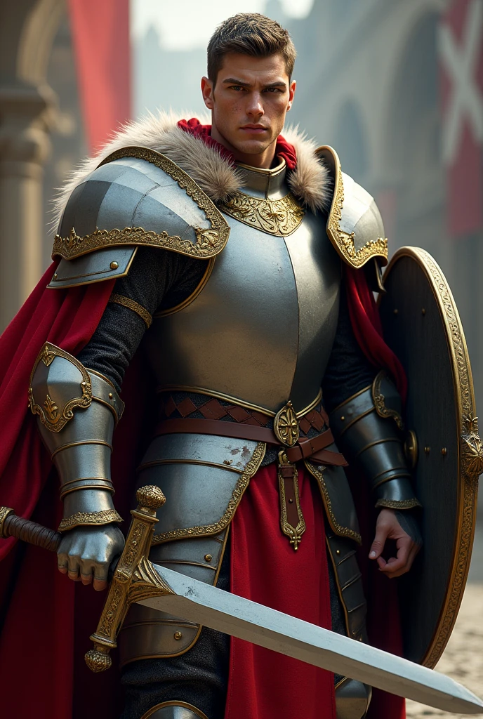 A male paladin, with medieval plate armor. He holds a long sword and a shield in his other arm.. On the shoulder pads he has fox fur and also a long red cape. He is a man in his twenties, with an intimidating face and a scar near his eye 