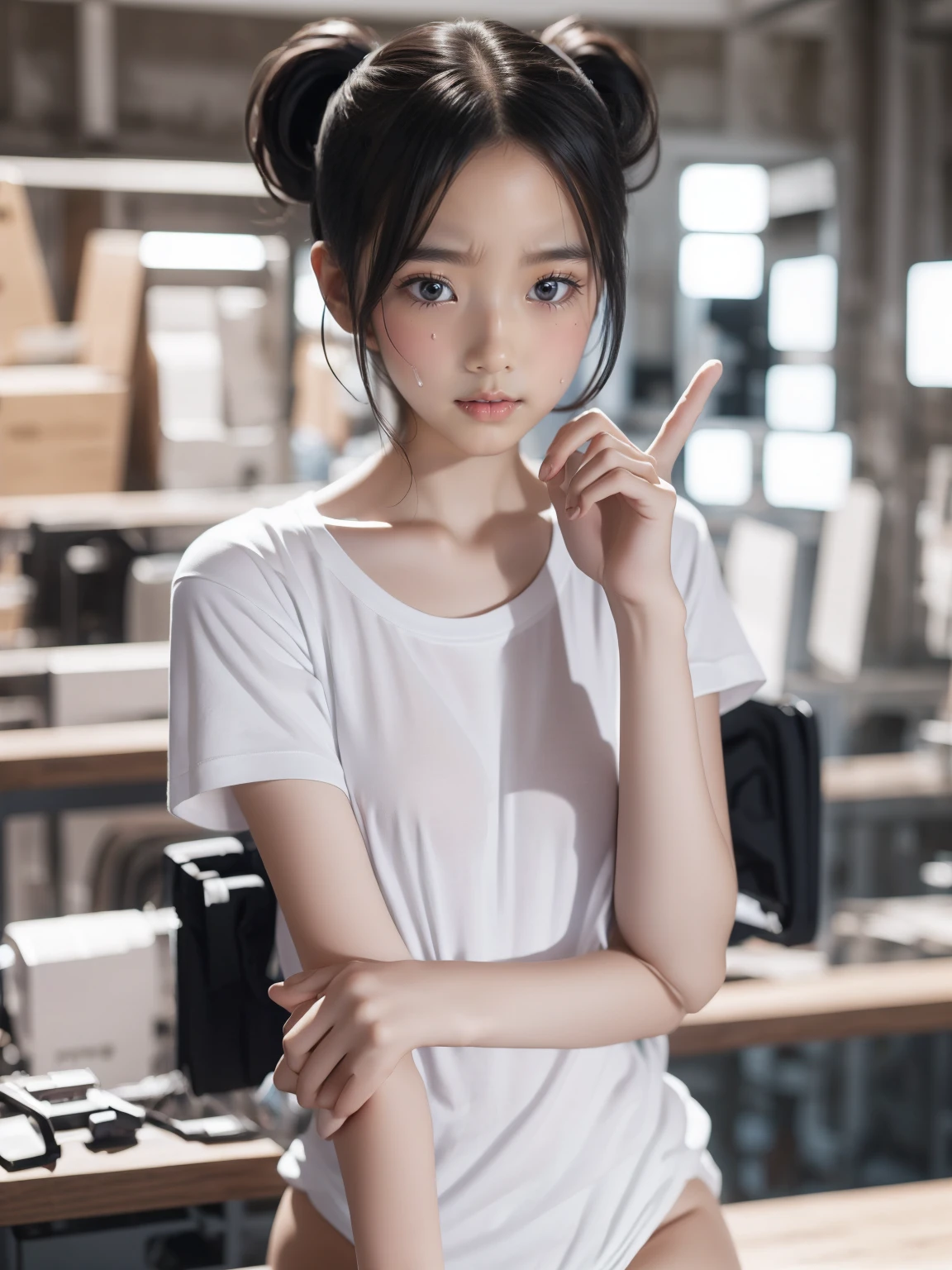 blue eyes,Highest quality,High resolution,unity 8k wallpaper,(shape:0.8),(Beautiful and exquisite:1.6),Detailed face,Perfect lighting,Detailed CG,(Perfect hands, Perfect Anatomy),Female student,White shirt,(White panties:1.0),Black Hair、Twin tails、Cut off,Shirt Tag Pose