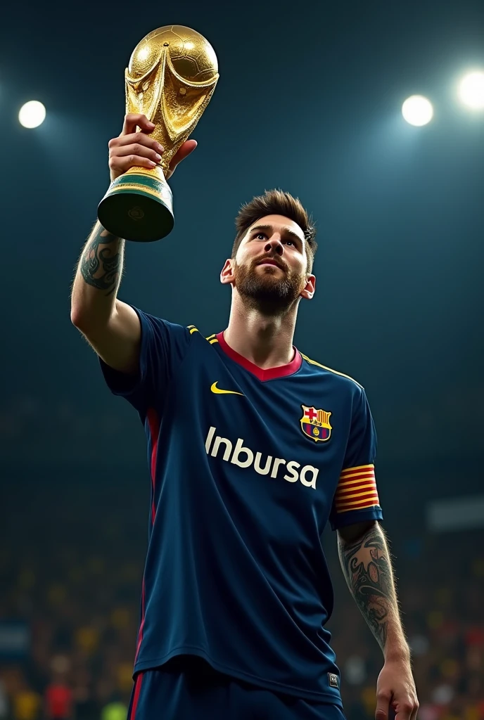 Messi with the World Cup in a dark blue uniform with the Inbursa logo