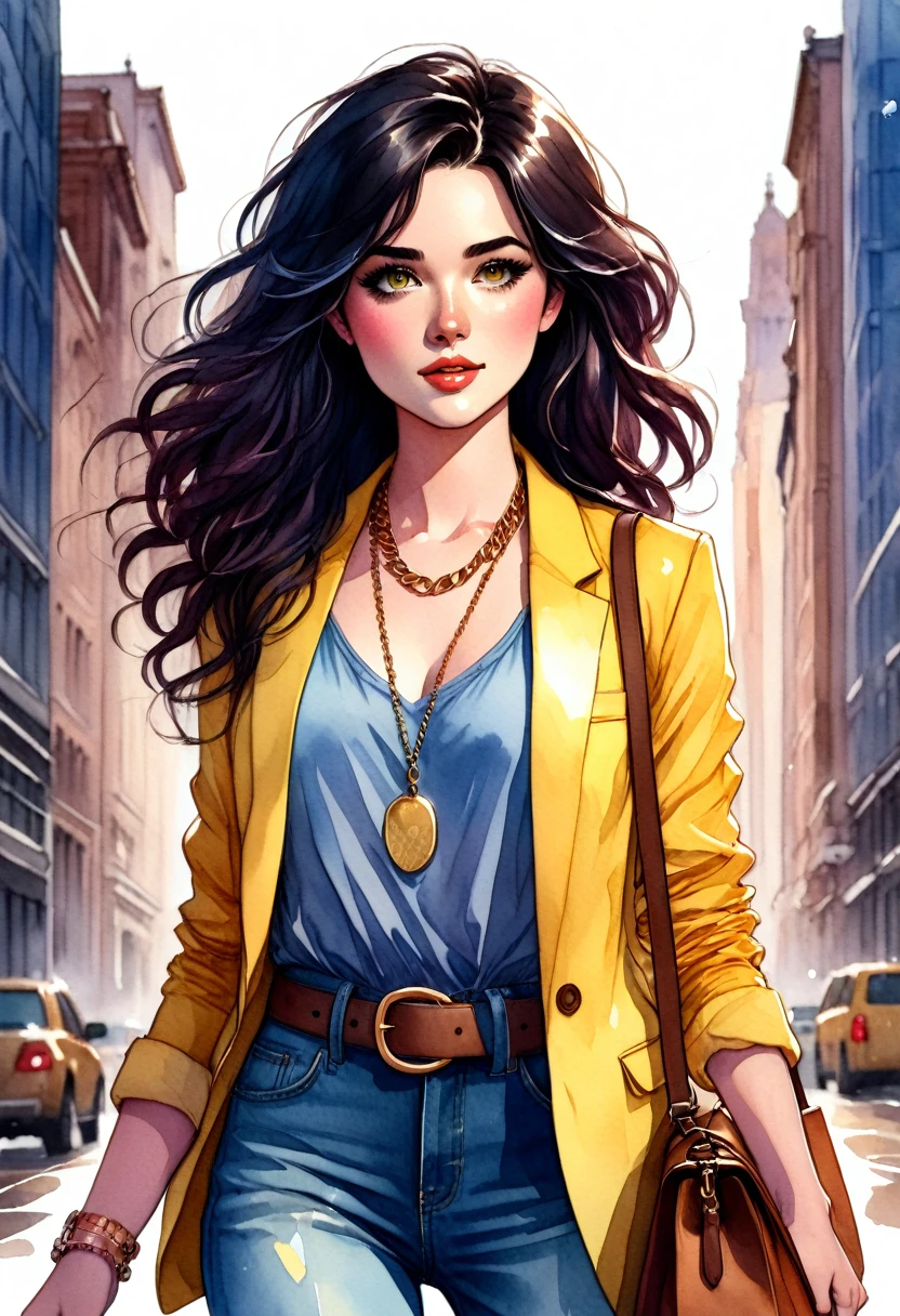 Anime Art,Watercolor illustration of a female character. a beautiful woman is 25 years old,she has wavy black hair falling in a cascade. She has striking eyes and freckles on her face .A woman is wearing a yellow blazer over a blue tank top and blue jeans with a brown belt. She is carrying a pink bag with a gold chain strap in her hand and wearing yellow high heels..vector art,