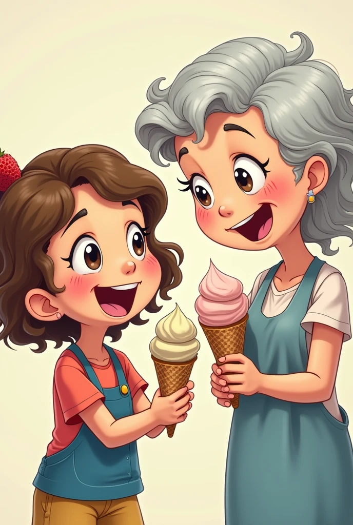 CARTOON OF A GIRL AND HER GRANDMOTHER WITH MELTING ICE CREAM