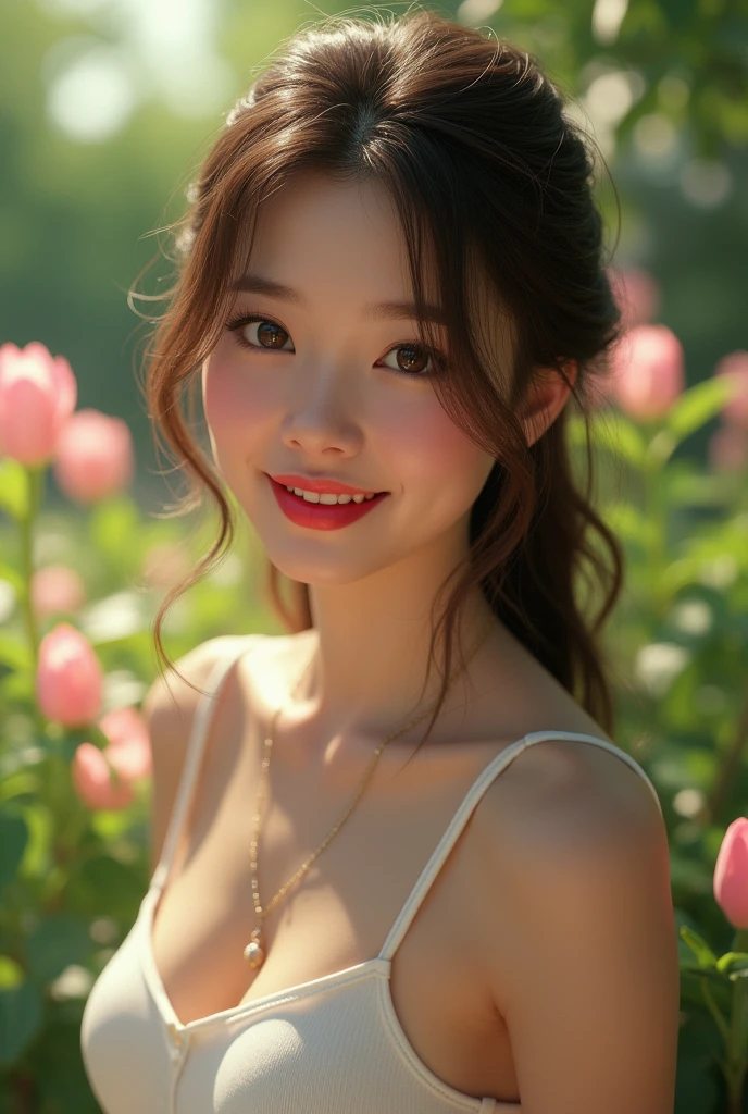 Split ratio : 1,1,1 Basic ratio : (Girl In The Garden:1.1),(Very beautiful face very detailed),(high quality:1.4),(Photorealistic:1.45),(Ultra-realistic:1.45),(Sharp focus),32k Hyper Resolution,(Vibrant colors),Dramatic Lightning,Beautiful highly detailed lips,(red_lipstick:1.3),break ((hair is a different color than eye, Dynamic Random Fancy, Professional Hairstyles:1.33)),(Physically based rendering of background flowers:1.3),break beautiful Extremely Detailed eye (brown_eye:1.3) デジタルレンダリングによる女性のeyeのクローズアップ,break long blue_eyelash:1.17 break (pink_compensate:1.25),break Soaking Wet Clothes (White tank top:1.3),((Firm, normal, full breasts:1.55)),green,Relaxed facial expression,(Dainty Jewelry),Friendly atmosphere,Detailed Background,harmonious colors,Subtle Shadows,Peaceful atmosphere,Breeze,green豊かな庭園,beautiful flower,Delicate features,vibrant eye,Rosy Cheeks,Bright and beautiful smile,Shining white teeth,((Open your mouth:1.3)),