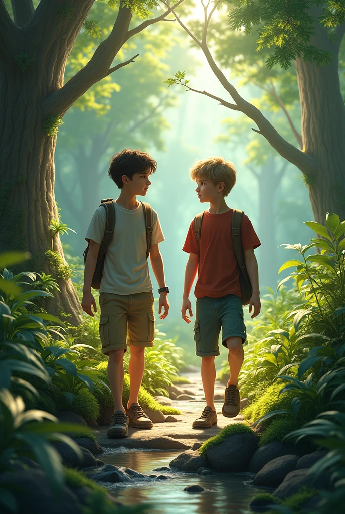 Two teen boys in forest