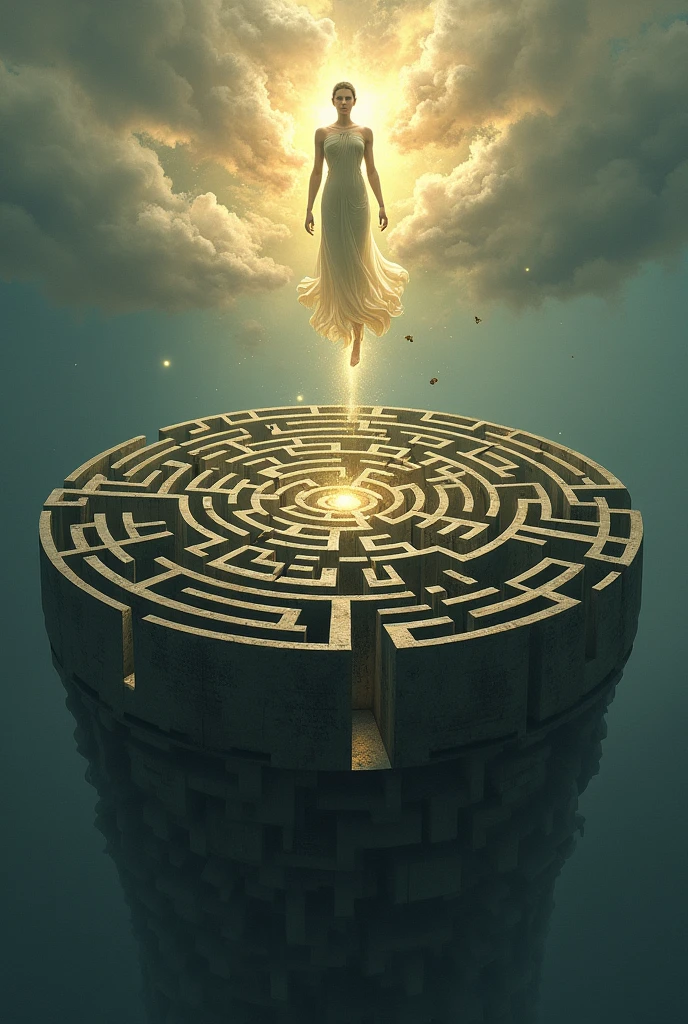 Illustrate a mind as a tangled maze with pathways leading out. Above the maze, a serene, enlightened figure floats with a glowing aura, symbolizing the intellect rising above confusion and finding clarity.