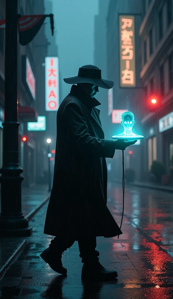 "Generate an image of a cyberpunk detective in a rain-soaked, foggy city street at night. The character should wear a long trench coat with a wide-brimmed hat, and their face should be partially hidden by the shadows. They should be holding a glowing holographic device displaying a suspect's profile. The background should feature dark alleyways, flickering neon signs, and rain reflecting the city's lights on the wet pavement. The mood should be noir-inspired, with a blend of mystery and tension."