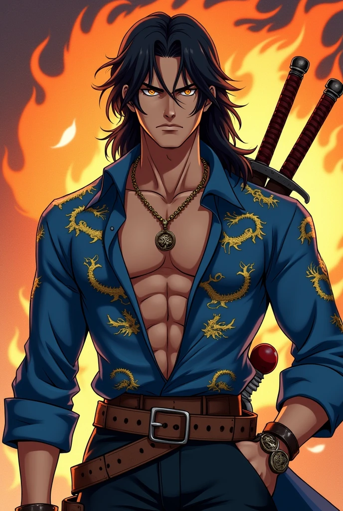 Man, , , Blue Pirate Shirt Unbutton, Square jaws, neck necklace,Hunting around his neck, serious face,  Long Sleeve, Gold Dragon Pattern Shirt, Muscle, Bright Orange Eyes, Firm Face, Long black Hair, Handsome Man, Pirate Belt, Sword on the back, Fire Dragon Silhouette, , atmosphere , Anime manga style. 