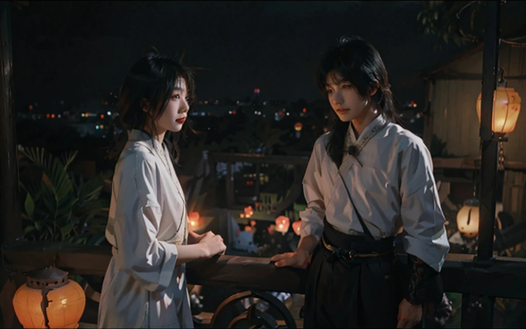 Alafid (Arafed) Asian man standing on the balcony,The background is a lantern,, Bat Ulzan, Shin Jin Hye Aesthetics, As the sunset, A quiet night. Over the shoulder shot, Inspired by Border Guardians, Inspired by jeonseok lee, White Hanfu, 1boy:1.2,