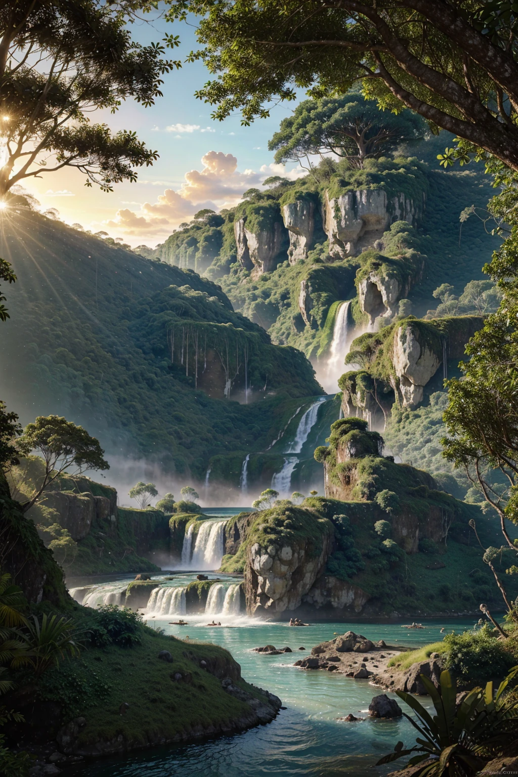 Hyper-realistic digital painting of a mysterious island where time has stood still, inhabited by dinosaurs. The lush, tropical jungle is teeming with prehistoric life, from towering brachiosauruses grazing on treetops to fierce velociraptors stalking through the underbrush. In the background, a waterfall cascades down a cliffside into a clear blue river. The sky is clear, with the sun casting a golden light over the scene. In the foreground, an explorer cautiously moves through the jungle, their expression a mix of awe and fear. Cinematic composition, trending on ArtStation.