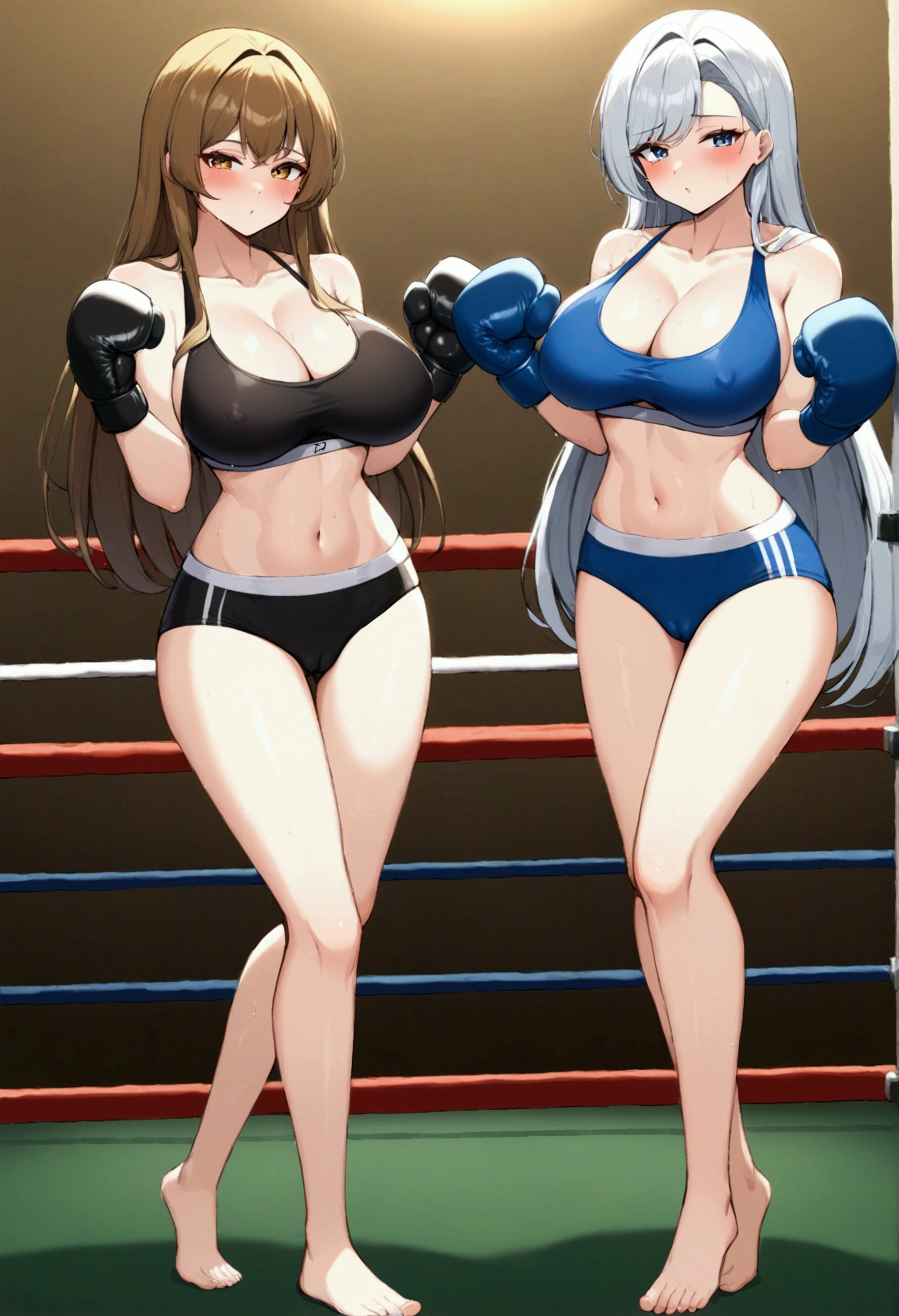 2girls,korean beautifull girl,18 years old,Pretty Face,Good shape,detailed picture, Seductive expression, blush,White long hair, Wear sports bras,Soaked,Wear black garter stockings,No shoes, Wearing black boxing gloves,Black sleeves on arms,They are fighting in the boxing ring,Large Breasts,Cleavage,Long legs,Thin waist,nipple,Camel toe