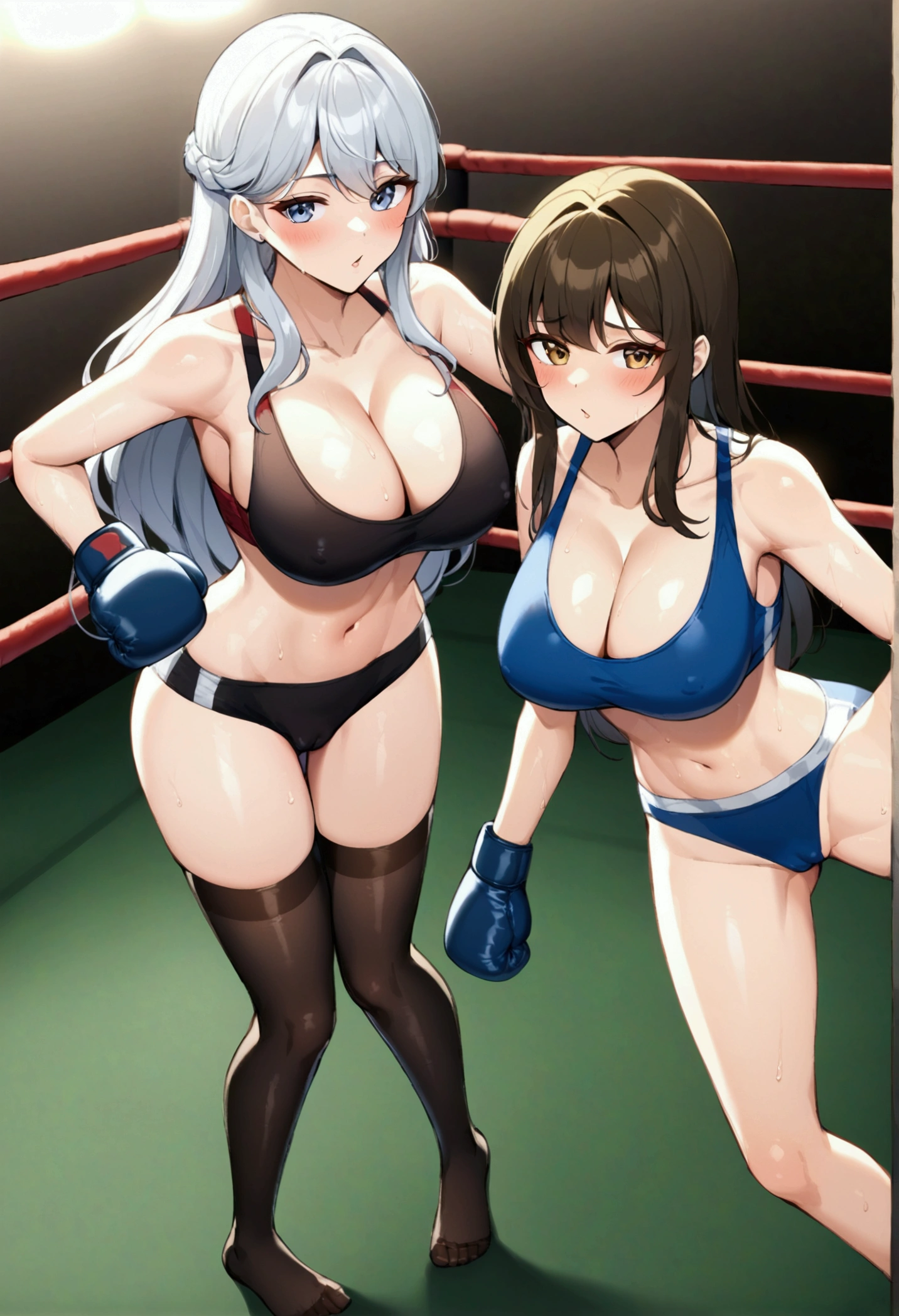 2girls,korean beautifull girl,18 years old,Pretty Face,Good shape,detailed picture, Seductive expression, blush,White long hair, Wear sports bras,Soaked,Wear black garter stockings,No shoes, Wearing black boxing gloves,Black sleeves on arms,They are fighting in the boxing ring,Large Breasts,Cleavage,Long legs,Thin waist,nipple,Camel toe