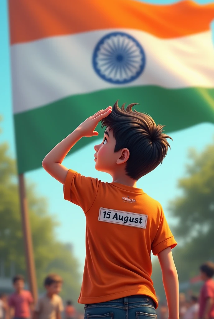 Boy saluting indian flag wearing a indias sport tishart, "SHOURYA HARDWARE STORE" Name on t-shirt back said, back said view 15 August text on t-shirt
