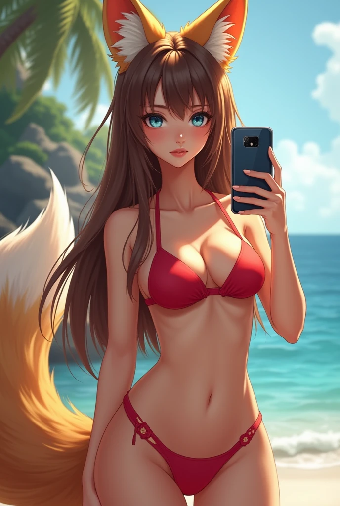 Make a beautiful young girl woman 18 years old sexy model beautiful perfect blue eyes, straight hair, brown hair mixed fox, hybrid fox, tail, hair, ears, human body human fox, cute Wearing red bikini, standing taking selfie fox woman fox girl