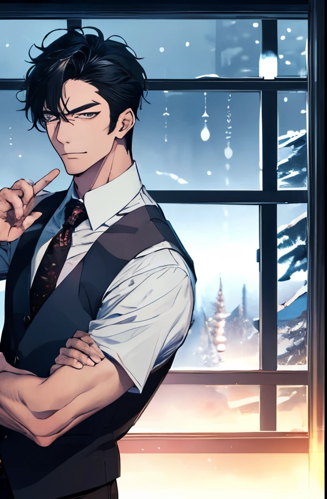there is a man in white vest and tie standing in front of window with snowy night scenery. inspired by Hisui Sugiura, with very highly detailed face, it has a piercing gaze, handsome stunning realistic, anime handsome man, ultra realistic picture, inspired by Itō Ogura Yonesuke, character close up, sui ishida with black hair, half body picture with hand pose