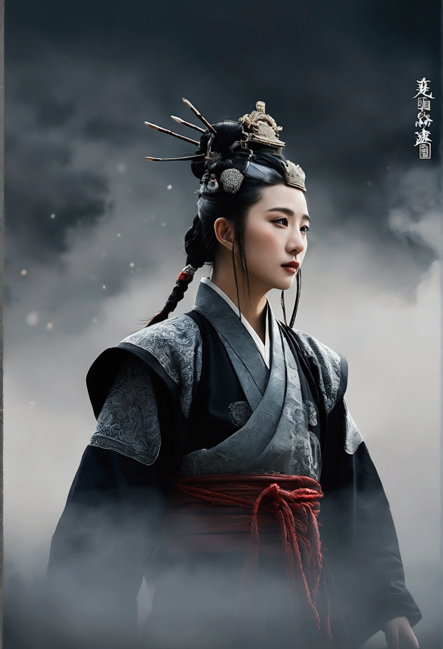 Bust of an ancient Chinese civil servant on the battlefield，Starry sky and fog cover the landscape.Rich historical background. (Highest quality,4K,8k,High resolution,masterpiece:1.2), Very detailed, (Realistic,Realistic,Photorealistic:1.37), High resolution, Hyper HD, Studio Lighting, Ultra-fine painting, Sharp focus, Physically Based Rendering, Very detailed説明, Professional, Vibrant colors, Bokeh, Sports Late, Ancient War Landscapes, Traditional Chinese Painting Techniques, Atmospheric lighting, Dynamic Pose, Complex combat scenarios, Vivid color contrast, Visually stunning composition, Ethereal atmosphere, heroism. Black and White