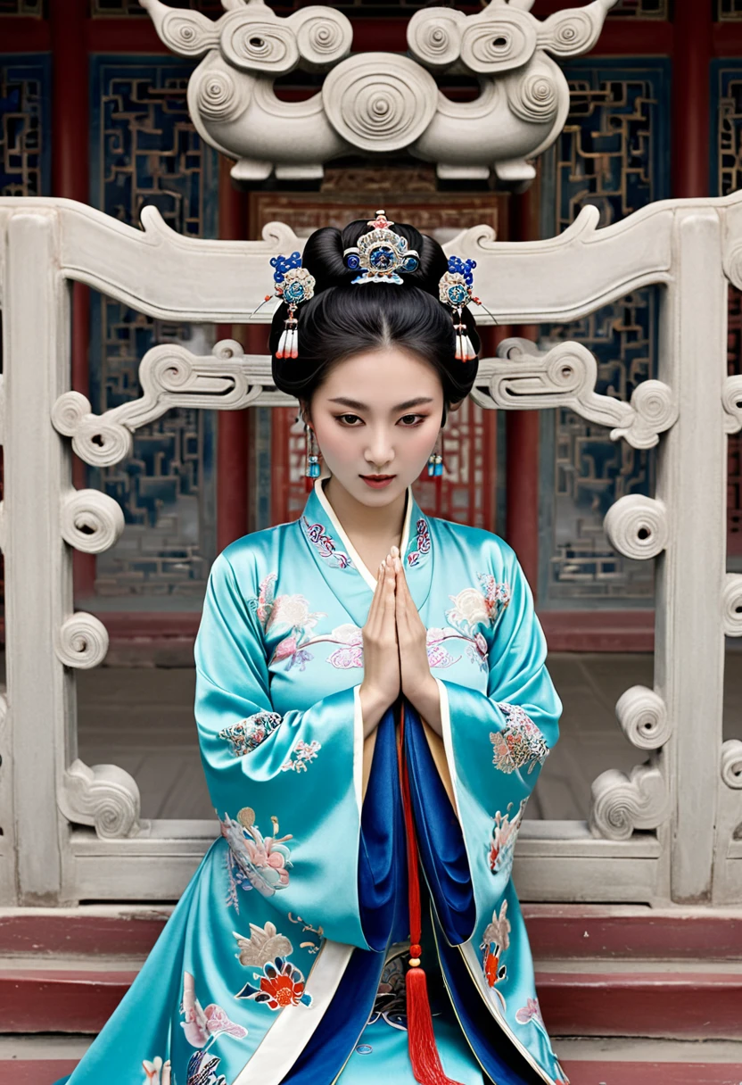Stone letter M (pornographic pose) outside a Chinese palace during the Qing Dynasty A gorgeous Chinese courtesan with her hair tied on both sides A perverted and erotic woman wearing a crown and tying her hair is the backdrop for a gorgeous room of an empress in a Chinese court during the Qing Dynasty.