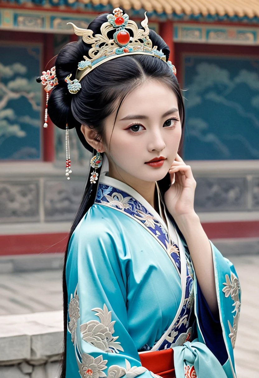 Stone letter M (pornographic pose) outside a Chinese palace during the Qing Dynasty A gorgeous Chinese courtesan with her hair tied on both sides A perverted and erotic woman wearing a crown and tying her hair is the backdrop for a gorgeous room of an empress in a Chinese court during the Qing Dynasty.