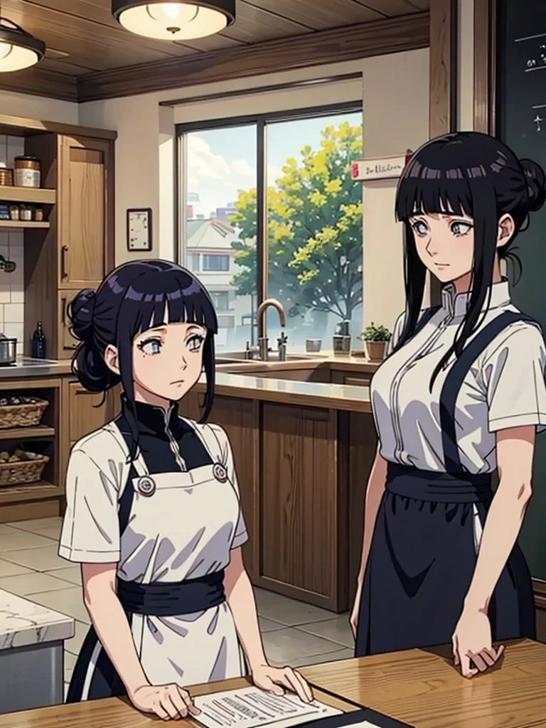 cafeteria、atmosfera tranquila、1 female(cafeteriaの店主、(looking 35 years old、woman like Hinata Hyuga married、Beauthfull:1.2)、the other side of the counter、Blue-black hair、Hair tied in a bun with clips、Pearly eyes、offwhiteYchemise、Short apron)、ssmile、