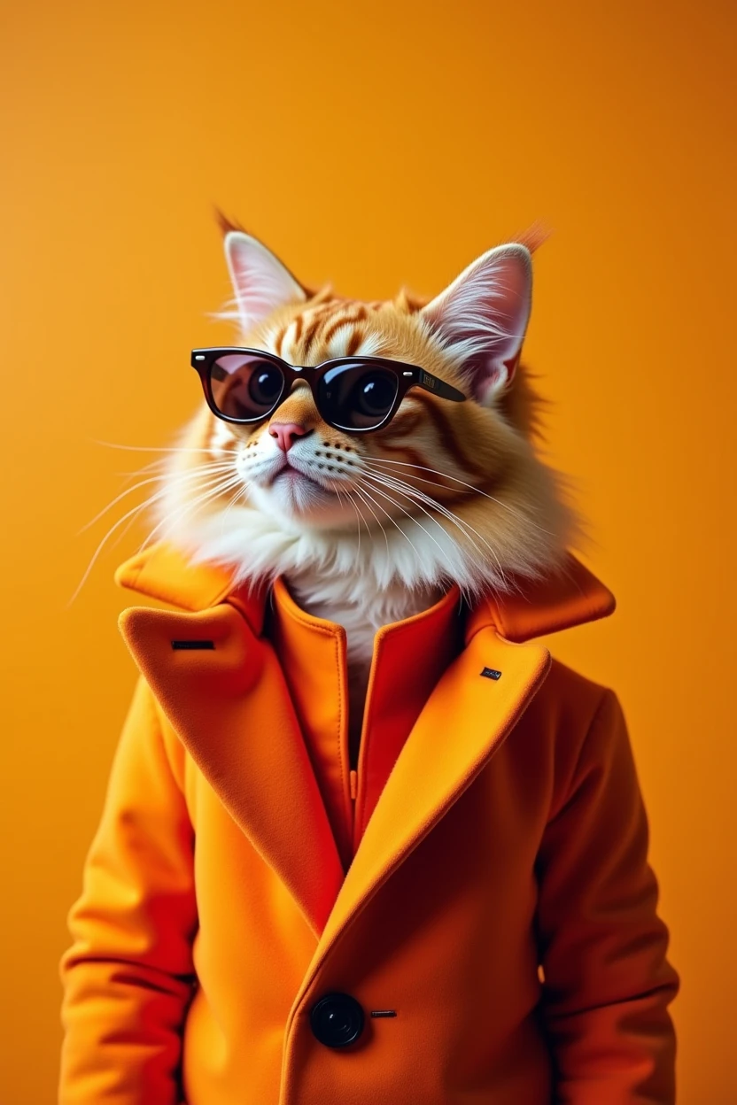 The best cell phone wallpaper, Award-Winning Wallpaper, portrait photography, In the front view is a portrait of a cute cat wearing mid-1960s space-age fashion., Side view photo, Shot with Canon EOS R5, Set a strong contrast that accentuates the subject, Fluorescent orange tone, Wearing a very modern coat and sunglasses is a modern 1960s style, Clothes all in one color, beautiful background