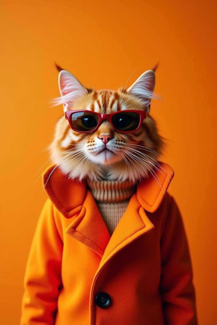 The best cell phone wallpaper, Award-Winning Wallpaper, portrait photography, In the front view is a portrait of a cute cat wearing mid-1960s space-age fashion., Side view photo, Shot with Canon EOS R5, Set a strong contrast that accentuates the subject, Fluorescent orange tone, Wearing a very modern coat and sunglasses is a modern 1960s style, Clothes all in one color, beautiful background