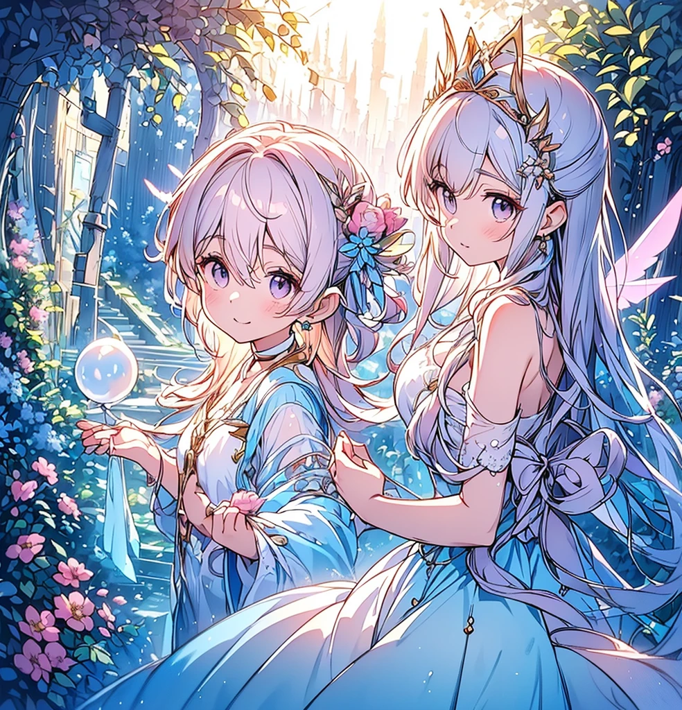(Exquisite, beautiful, Very detailed, masterpiece, High resolution,high quality,High resolution), (Exquisite, beautiful, Very detailed, masterpiece, high quality,High resolution),(Well-formed face,Soft and thin lines: 1.2, Beautiful and delicate illustrations with a mature and transparent feel, Pixiv-style anime illustration,A cute pastel-colored girl-like illustration that is a hot topic among Japanese people on Twitter),  A fairy with a delicate face and clear expression on a tree々I am walking through a beautiful, A fantastical fairy forest with lush plants and blooming flowers.,front,whole body,whole body),(Transparent fairy wings grow from your back), (smile), (tiara, Earrings and chokers),(Ball gown dress with balloon sleeves and ribbon adorning the front, Lace and frills), (Pale pink blush, Plump pink lips,Large bust,Fair skin, Good style),Bright colors,Eye-catching colors,Dynamic Angle,Watercolor style,Beautiful and fantastic forest