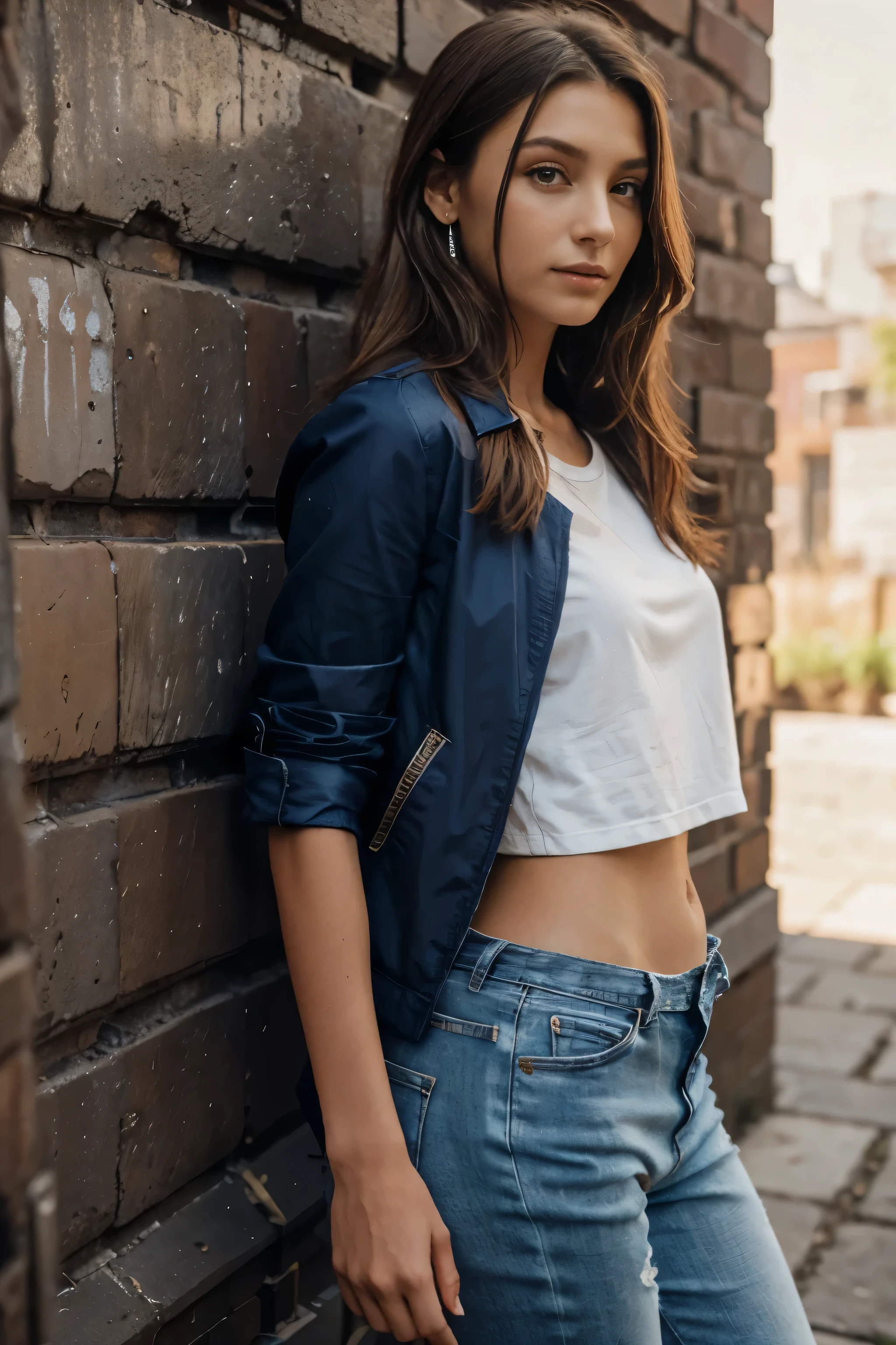 masterpiece, best quality:1.4, realisticlying:1.4,  {background: in front of brick wall with a bunch of wooden benches, rusted walls, rusted panels, rusty metal walls, metal cladding wall, wall structure}, 1girl skinny with beautiful skin (bright skin), fashionable Tshirt, fashionable luxury jacket,(multi colors: red, white, blue), luxury bottom, silver earring, long hair, skinny arm, lovely eyes, light effect,