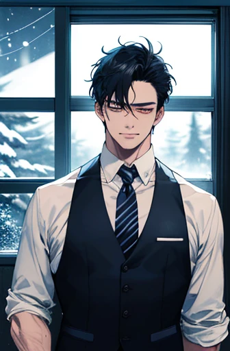 there is a man in white vest and tie standing in front of window with snowy night scenery. inspired by Hisui Sugiura, with very highly detailed face, it has a piercing gaze, handsome stunning realistic, anime handsome man, ultra realistic picture, inspired by Itō Ogura Yonesuke, character close up, sui ishida with black hair, half body picture with hand pose