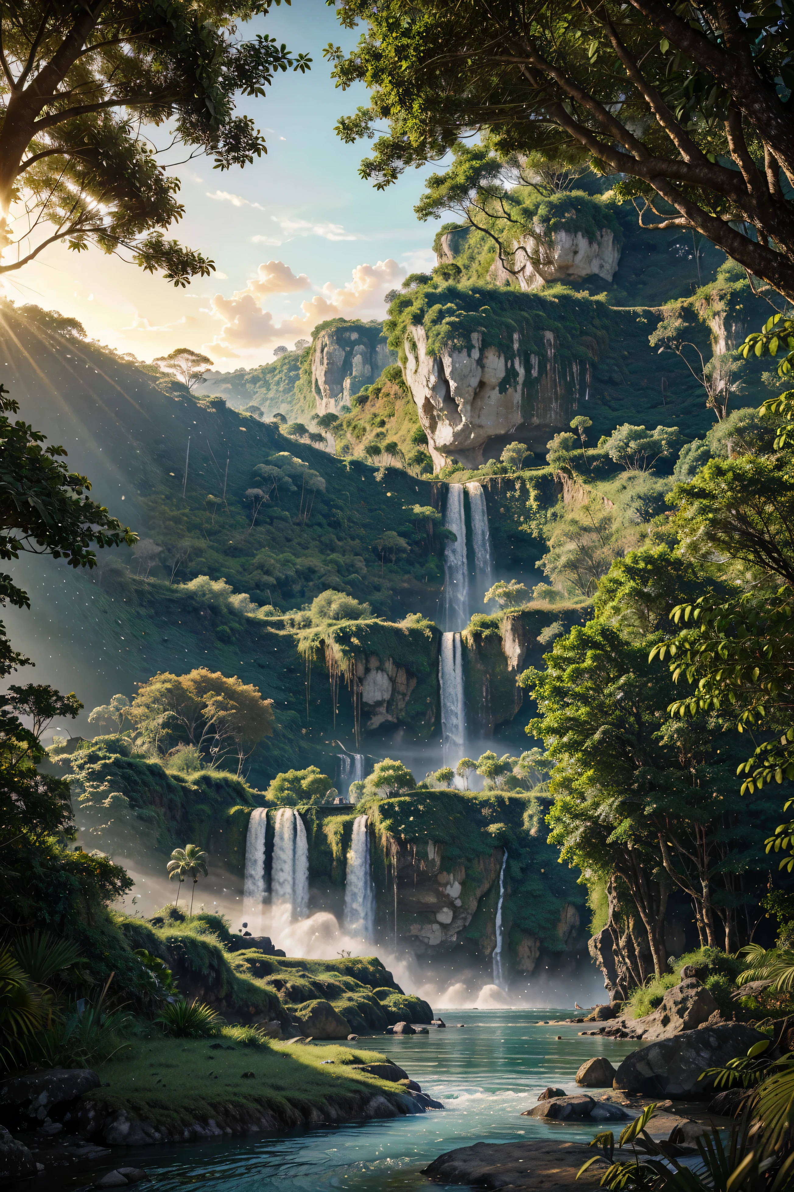 Hyper-realistic digital painting of a mysterious island where time has stood still, inhabited by dinosaurs. The lush, tropical jungle is teeming with prehistoric life, from towering brachiosauruses grazing on treetops to fierce velociraptors stalking through the underbrush. In the background, a waterfall cascades down a cliffside into a clear blue river. The sky is clear, with the sun casting a golden light over the scene. In the foreground, an explorer cautiously moves through the jungle, their expression a mix of awe and fear. Cinematic composition, trending on ArtStation.