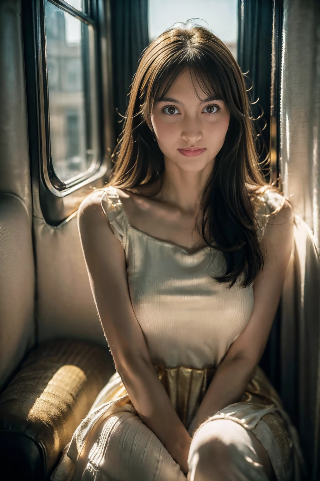 (Best quality, Ultra detailed, Golden ratio, Masterpiece:1.2), Theatrical lighting:0.7, Photo of a girl, dressed in a very elegant and pretty dress, Perfect rare face, (Highly detailed skin), long black hair, bangs hair、Ridicule, skin texture, Pale skin, shiny skin, (thin, large size:1.2), [:(Sharp focus on rare face, perfect eyes:1.2):0.2], photorealistic, film grain, Put one foot forward、from below looking up、looking at viewer、Emphasize the shoulders, Focus on face、Stockings、glasses、Smile with corners of mouth raised、disdainful expression, summer haze, muted colors, muted warm colors, Photo cinematic portrait of a woman dressed in a striped dress sitting by the window in the early morning, cinematic, (tilted:1.3) (on an old train) look cautious, standing under a spotlight, volumetric dust clouds, key light, backlight, soft natural lighting, photography Film grain ISO 400 30 mm lens RAW f1.8 aperture, highly detailed (analog photography:1), colors hdr, miabell4, upper body