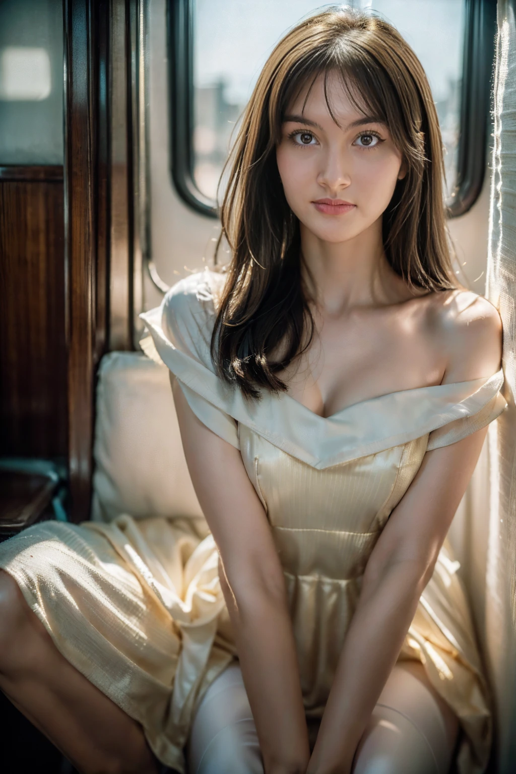 (Best quality, Ultra detailed, Golden ratio, Masterpiece:1.2), Theatrical lighting:0.7, Photo of a girl, dressed in a very elegant and pretty dress, Perfect rare face, (Highly detailed skin), long black hair, bangs hair、Ridicule, skin texture, Pale skin, shiny skin, (thin, large size:1.2), [:(Sharp focus on rare face, perfect eyes:1.2):0.2], photorealistic, film grain, Put one foot forward、from below looking up、looking at viewer、Emphasize the shoulders, Focus on face、Stockings、glasses、Smile with corners of mouth raised、disdainful expression, summer haze, muted colors, muted warm colors, Photo cinematic portrait of a woman dressed in a striped dress sitting by the window in the early morning, cinematic, (tilted:1.3) (on an old train) look cautious, standing under a spotlight, volumetric dust clouds, key light, backlight, soft natural lighting, photography Film grain ISO 400 30 mm lens RAW f1.8 aperture, highly detailed (analog photography:1), colors hdr, miabell4, upper body
