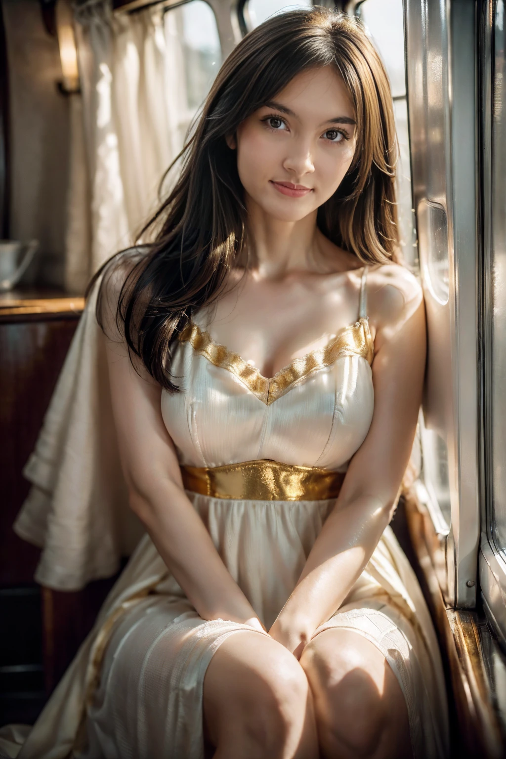 (Best quality, Ultra detailed, Golden ratio, Masterpiece:1.2), Theatrical lighting:0.7, Photo of a girl, dressed in a very elegant and pretty dress, Perfect rare face, (Highly detailed skin), long black hair, bangs hair、Ridicule, skin texture, Pale skin, shiny skin, (thin, large size:1.2), [:(Sharp focus on rare face, perfect eyes:1.2):0.2], photorealistic, film grain, Put one foot forward、from below looking up、looking at viewer、Emphasize the shoulders, Focus on face、Stockings、glasses、Smile with corners of mouth raised、disdainful expression, summer haze, muted colors, muted warm colors, Photo cinematic portrait of a woman dressed in a striped dress sitting by the window in the early morning, cinematic, (tilted:1.3) (on an old train) look cautious, standing under a spotlight, volumetric dust clouds, key light, backlight, soft natural lighting, photography Film grain ISO 400 30 mm lens RAW f1.8 aperture, highly detailed (analog photography:1), colors hdr, miabell4, upper body