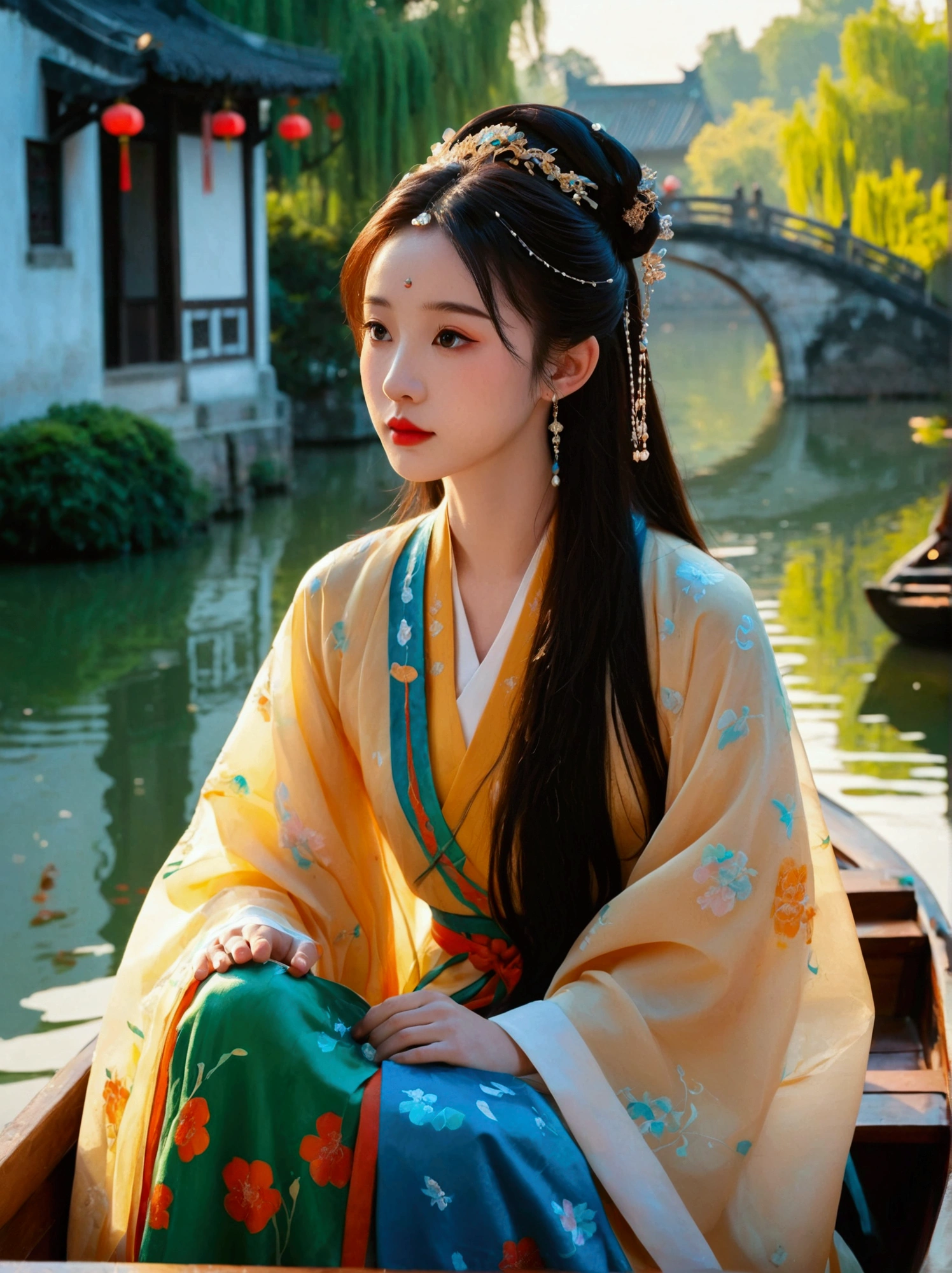 (8k，bright颜色，bright，Ultra high saturation，rgb, rich and colorful), cartoon, role conception, Surreal photos，Fantasy Garden，Aesthetic healing，moon，Star，Beautiful and poetic，Minimalism平面插画，Jiangnan countryside in summer，Beautiful modern Wuzhen，Beautiful long-haired girl sitting in a boat，Wearing modern Hanfu，Behind is a crowded stone bridge，Super happy，joy，The skyline in the distance，A fusion of ancient and modern，Bustling tourist crowd，Full of poetry，Clean background，Dynamic，Hazy feeling，Layering，Has a stunning visual effect，Fascinating lighting，Bright and vivid colors，Chiaroscuro，Wu Guanzhong Style，Flat，Minimalism，high quality，High Detail，HD晰，masterpiece，masterpiece，The painting style is meticulous，Refreshing colors，HD，in the style of Pre-Raphaelite Brotherhood