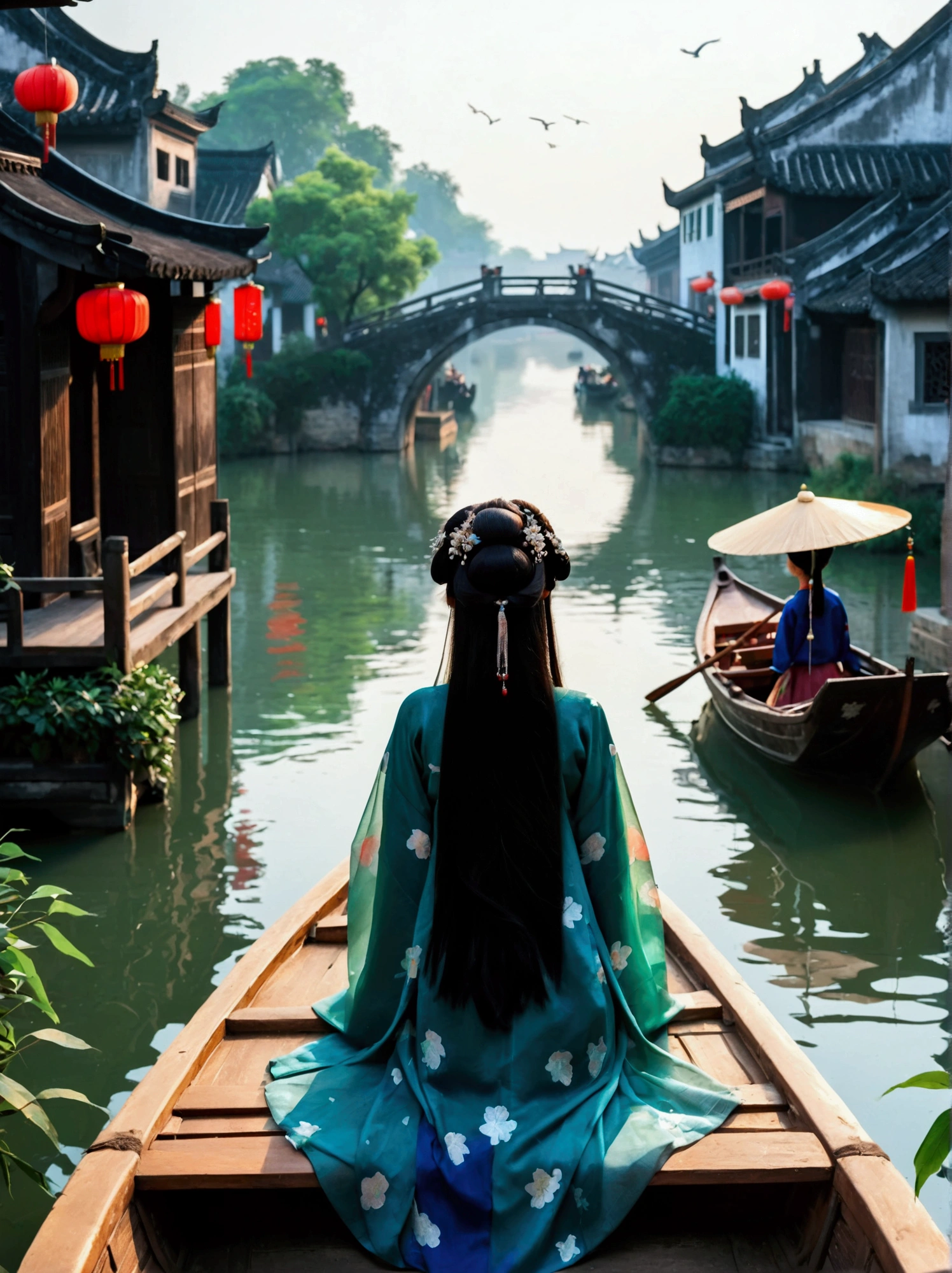 (8k，bright颜色，bright，Ultra high saturation，rgb, rich and colorful), cartoon, role conception, Surreal photos，Fantasy Garden，Aesthetic healing，moon，Star，Beautiful and poetic，Minimalism平面插画，Jiangnan countryside in summer，Beautiful modern Wuzhen，Beautiful long-haired girl sitting in a boat，Wearing modern Hanfu，Behind is a crowded stone bridge，Super happy，joy，The skyline in the distance，A fusion of ancient and modern，Bustling tourist crowd，Full of poetry，Clean background，Dynamic，Hazy feeling，Layering，Has a stunning visual effect，Fascinating lighting，Bright and vivid colors，Chiaroscuro，Wu Guanzhong Style，Flat，Minimalism，high quality，High Detail，HD晰，masterpiece，masterpiece，The painting style is meticulous，Refreshing colors，HD，in the style of Pre-Raphaelite Brotherhood