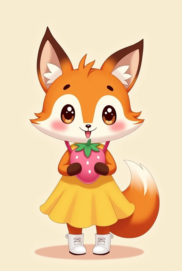 Create a cute bt21 style fox, with a yellow dress and white boots that look like rabbit's feet, and she carries a pink shoulder bag that looks like a strawberry