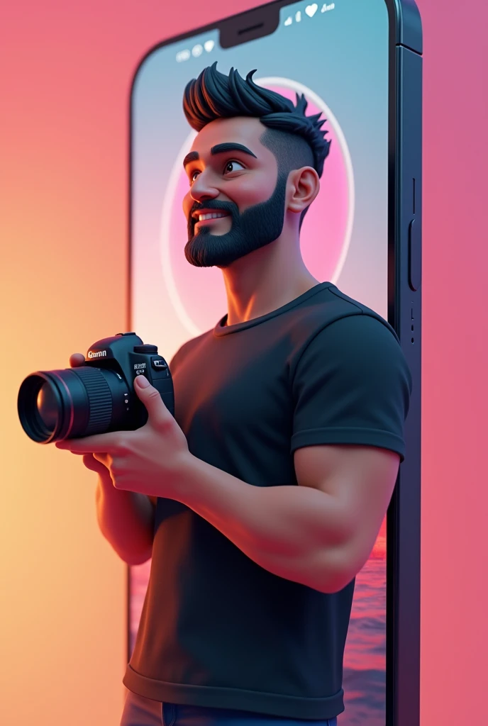 Create a 3D illustration of a white male character with a black beard ,excited man standing with camera in hands casually next to a social media logo "instagramart". The character must wear a black t-shirt, dark short hair  , skin fair , slightly slanted eyes, he has a thin body and is smiling , and holding a camera. The background of the image is a social media profile page with the username "db photographer" and a matching profile photo.