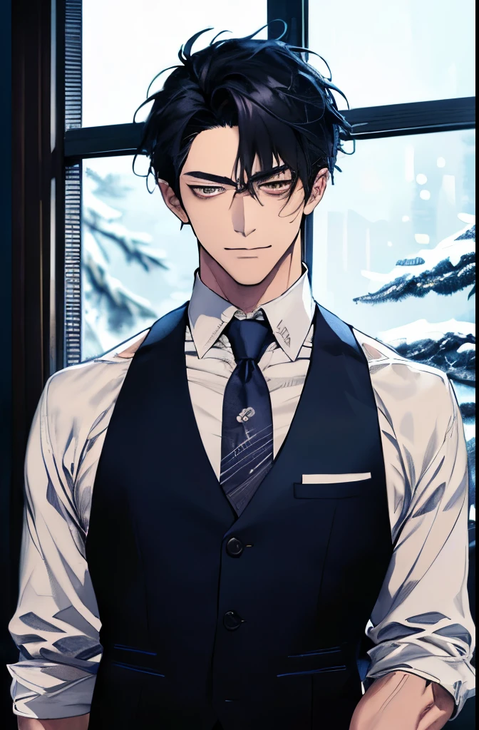 there is a man in white vest and tie standing in front of window with snowy night scenery. inspired by Hisui Sugiura, with very highly detailed face, it has a piercing gaze, handsome stunning realistic, anime handsome man, ultra realistic picture, inspired by Itō Ogura Yonesuke, character close up, sui ishida with black hair, half body picture with hand pose