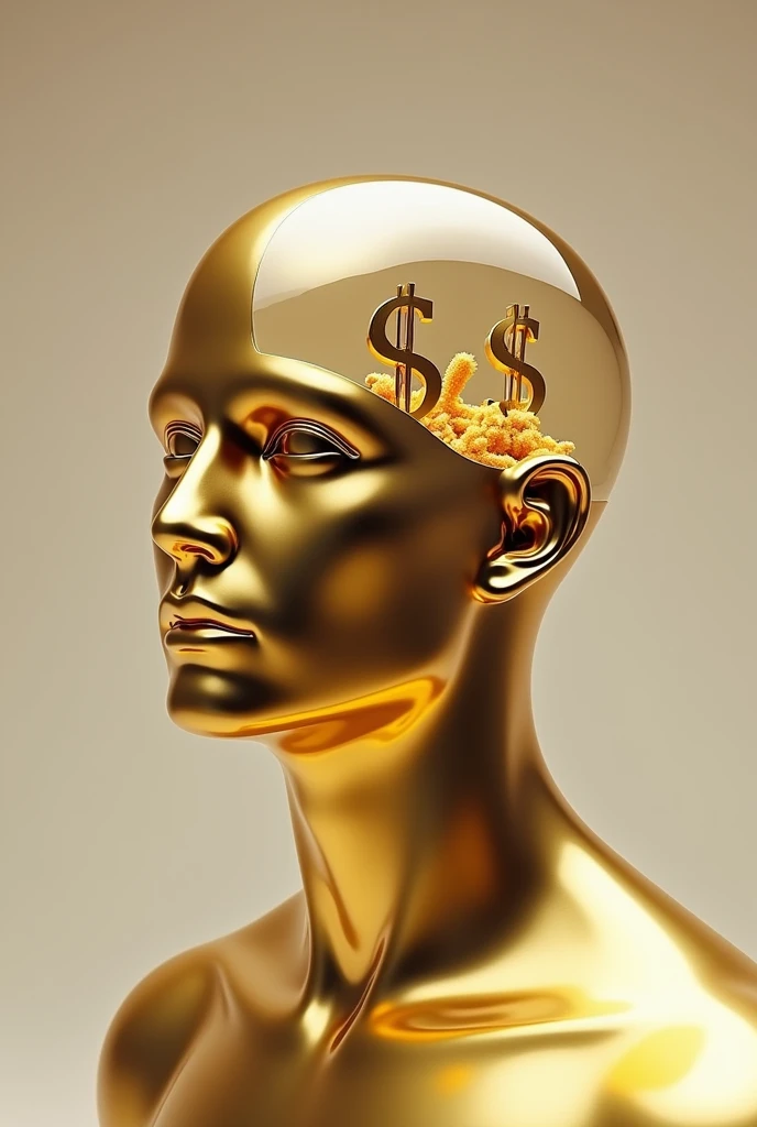 Gold statue showing inside mans head with a dollar sign