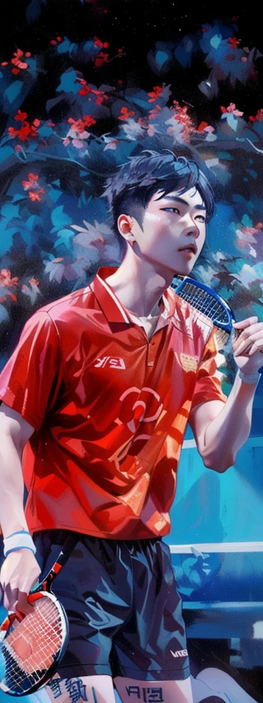 masterpiece，best quality，High Detail，Alafed wearing a red shirt、Male tennis player holding a red racket, inspired by Ding Guanpeng, Inspired by Ding Yunpeng, Wenjun Lin, Inspired by Marlene, Inspired by Li Shixing, Yang Qi, jinyiwei, nanquan, heise jinyao, li zixin, inspired by Wang Zhongyu, lei jin, chengwei pan