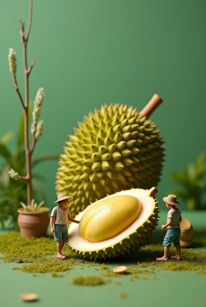 miniature food photography Group of forager workers walking between ETHNIC HOUSE WITH giant durian, GREEN background, gentle color scheme, surreal photography style, bright, minimalist studio lighting