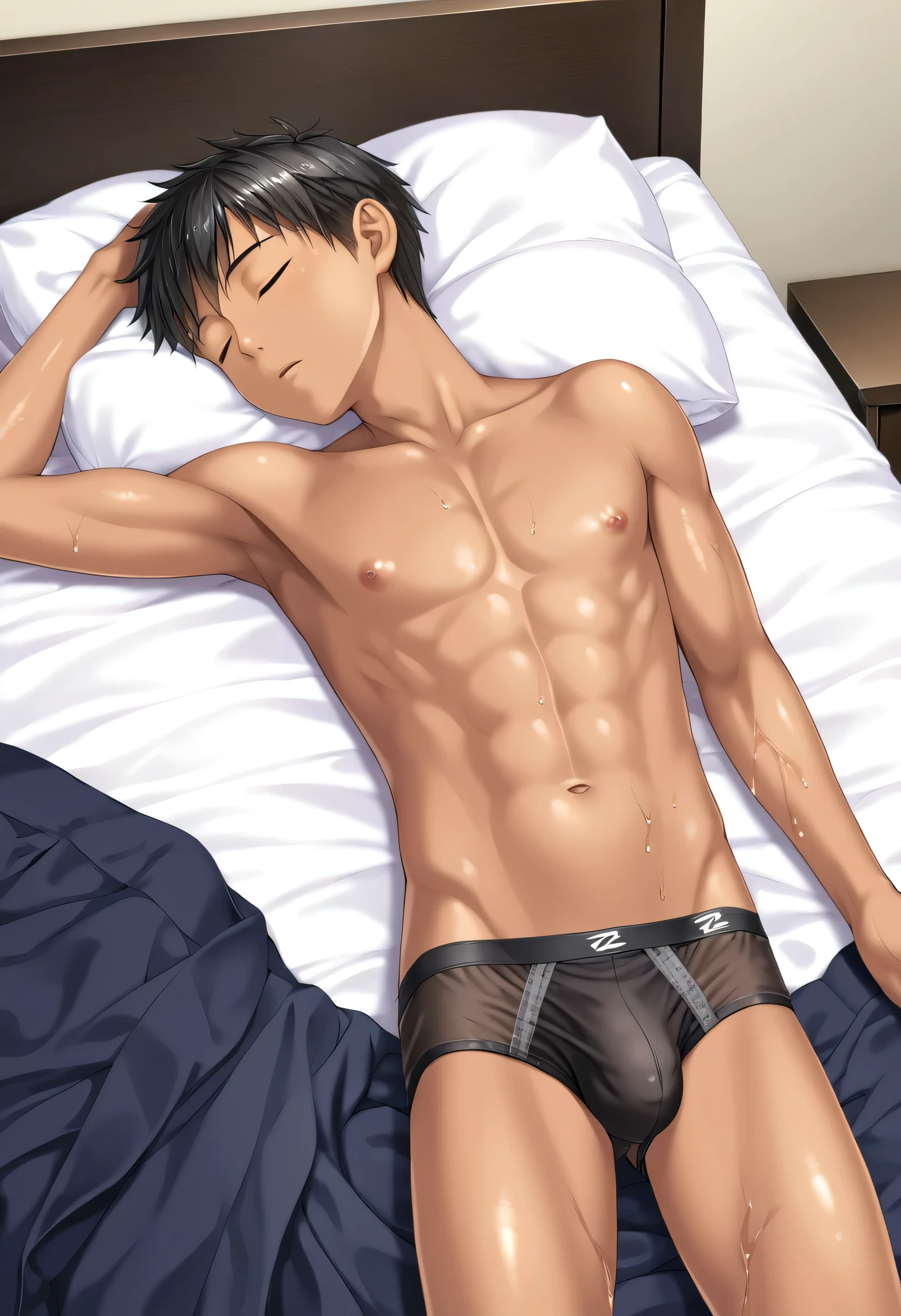 high quality, (solo japanese boy sleeping on the bed:1.5), (detailed eyes), (black short hair), naked, (dark wet skin), (detailed puffy nipples:1.2), black briefs, --no abs,