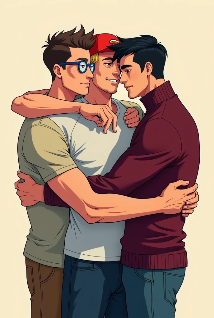 Create 3 fit guys hugging eachother. anime style
1st is on the left, he is tall, short haircut dark brown buzzcut hair, and blue rounded glasses.
2nd guys is in the middle, he is blonde and taller than 1st guy, he wears a red cap backwards, and a rick and morty t-shirt.
the 3rd guy on the right, has black hair. he is 5.7 feet tall, he is wearing a long-sleeves wine turtle neck sweater. Big ass and legs.