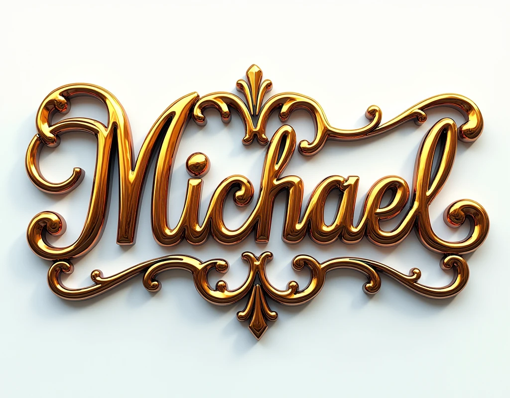 shiny highly polished bright chrome fancy art nouveau script text with flattened surface, large, (text:"Michael") The word, matching frame borders corners underline, logo, flowing art nouveau shapes, front face flat view on white background, front lit sunny tropical reflection in text face, highlights, lens flare, badge, emblem, insignia, label, photorealistic, extremely detailed, beautiful, unique, epic,