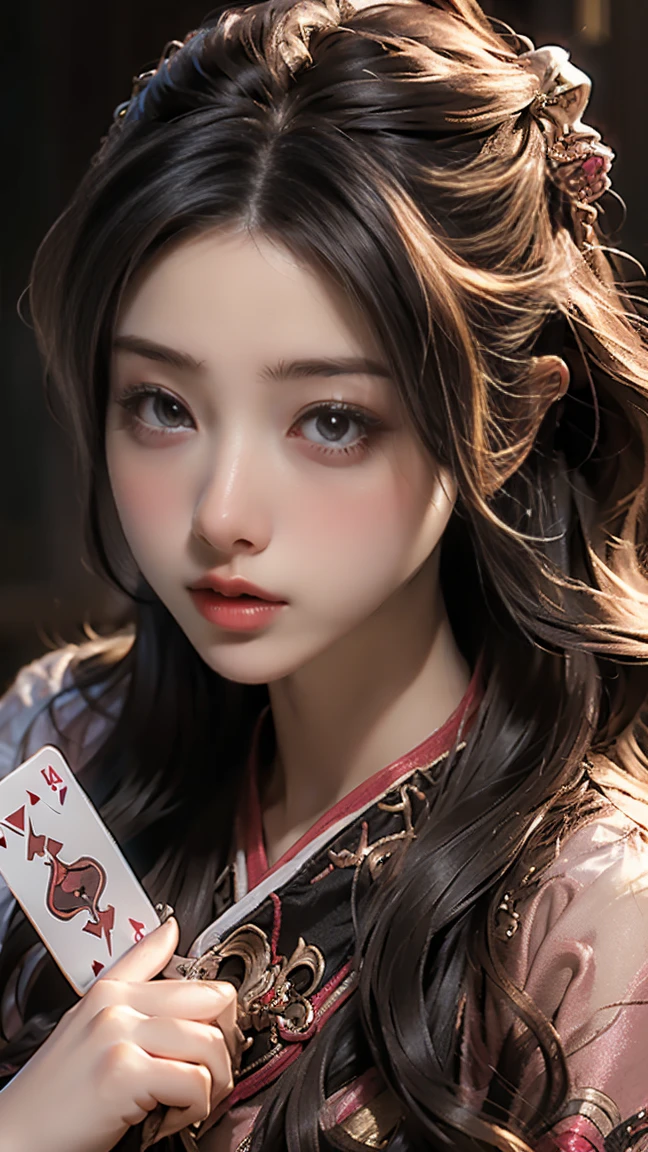 masterpiece, Highest image quality, photo realistic, Raw photo, (monster card game, card size is big, girl play the monster card game, she pick up 4 cards, cards image reflect to background,)