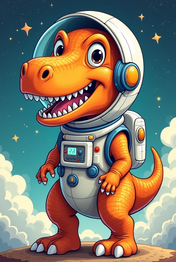 An orange T-rex dinosaur dressed as an astronaut in a cartoon